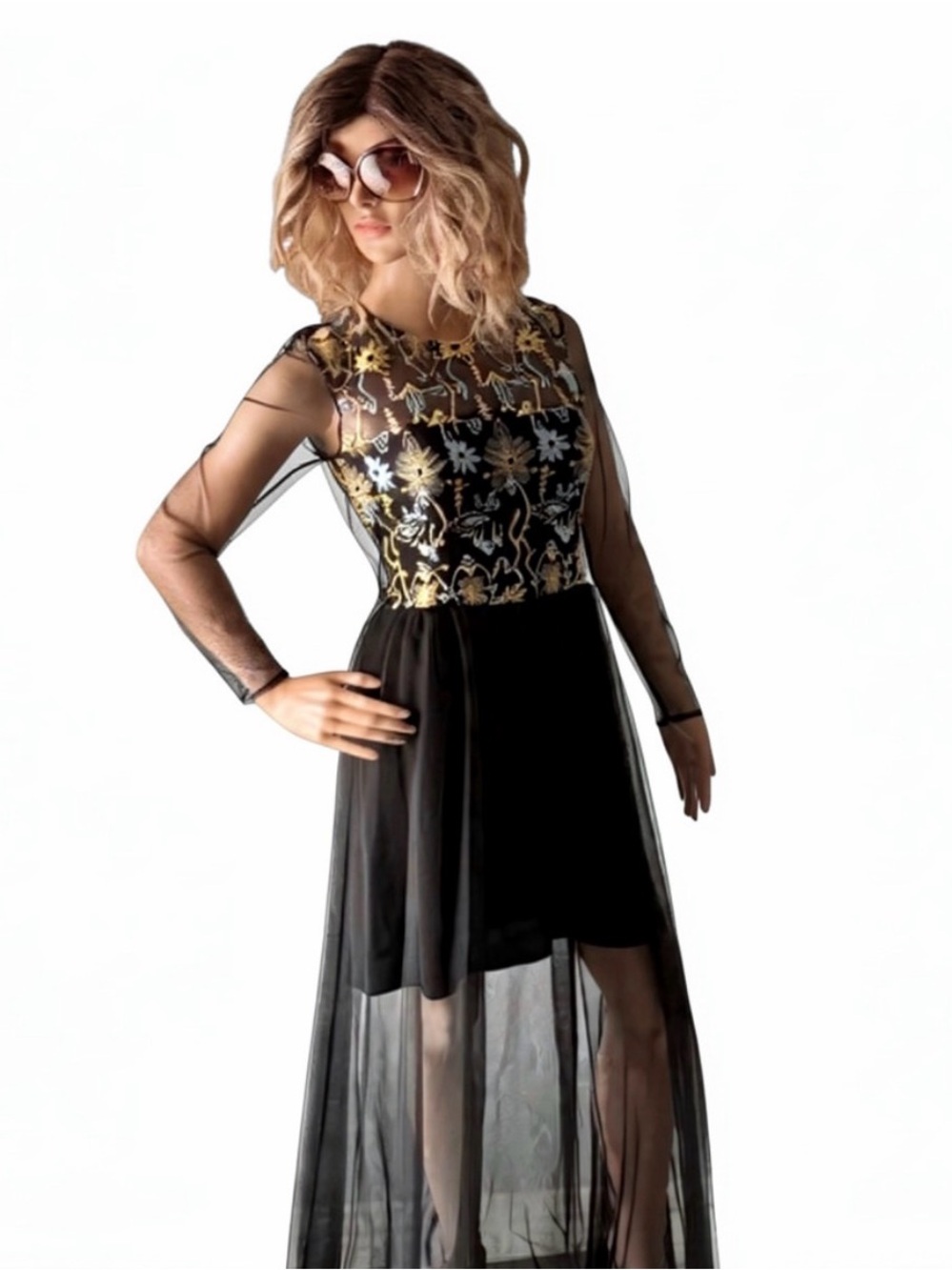 PINKO Elegant Black Mesh Floral Embroidered Maxi Dress Back Zipper Long Sleeves